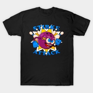 Strike attack, illustration of bowling ball mascot attacking skittles T-Shirt